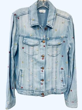 Thread and Supply Embroidered Floral Denim Jacket Light Wash Boho Cottagecore M